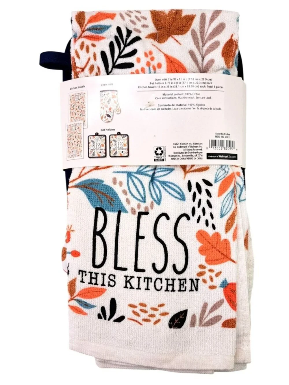 Mainstays 5-Piece Kitchen Set Oven Mitt Pot Holder Towels Bless This Kitchen New